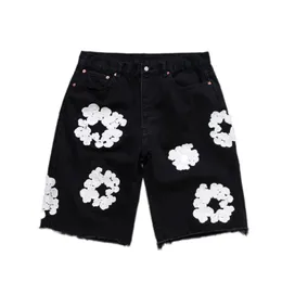 Men's Jeans Designer Mens Shorts Flower Printed Wreath Diamond Denim Shortpants Slim Streewear Button Fly s Black Light Wash Blue Hip Hop