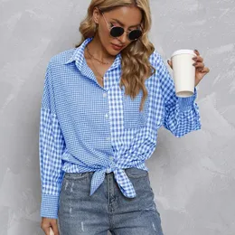 Women's Blouses 2023 Spring Top European American Lapel Plaid Color Matching Loose Casual Long-sleeved Shirt LuckBN