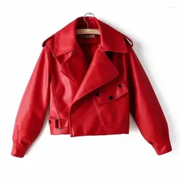 Женская кожаная черная, красная женская куртка из искусственного меха, мотоциклетное байкерское пальто из искусственной кожи с отложным воротником, мягкая женская верхняя одежда в стиле панк, свободная уличная одежда