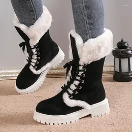 Botas moda quente rendas até neve mulheres 2023 plataforma de pele sintética meados de bezerro mulher antiderrapante curto pelúcia sapatos de inverno