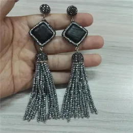 Dangle Earrings Boho Bohemia Silver Color Thick Beaded Tassel Square Black Leather Charm Earring For Women Wedding Anniversary Jewelry