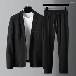 Männer Trainingsanzüge 1 Set Blazer Hosen Streifen Falten Frühling Sommer Turndown Kragen Jacke Kordelzug Für Hochzeit Bräutigam Anzug Männlich formal