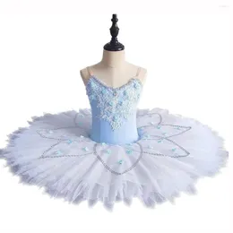 Abbigliamento da palcoscenico Tutu di balletto professionale per ragazze Piatto di pancake blu Abiti da spettacolo per fata dei fiori Costume da body da ballo per bambini adulti
