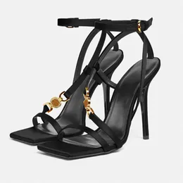 Crystal Heel sandals 105mm Metal buckle decoration embellished Satin designer shoes Square Toes stiletto Heels women's high heeled Ankle Strap party Evening shoes