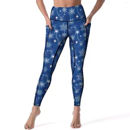 Aktywne spodnie Snowflake Sparkle Joga żeńska niebieska i biała legginsy wysoka talia kawaii nogawki stretch fitness gimnastyczne rajstopy sportowe