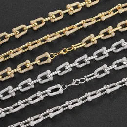 Hip Hop U Shaped Cuban Link Chain Necklace Bracelet Jewelry Set Bling Full 5A Zircon 18k Real Gold Plated