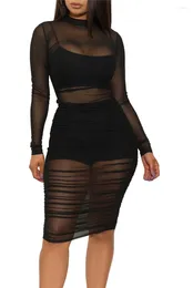 Casual klänningar sexig bodycon se genom mesh klänning långärmad ruched svarta kvinnor vestidos med camis shorts nattklubb festkläder