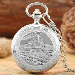 Zegarki kieszonkowe luksusowy srebrny steampunk pociąg mechaniczny mechanizm obserwacyjny pełny wisiorek