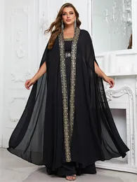 Duża dwuczęściowa sukienka wieczorowa Musilm Set z czarną długą sukienką i podwójną szatą, Arab Dubai Long Dress FPS383