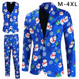 Männer Anzüge 4XL Plus Größe Weihnachten Kostüm 3 Stück Homme Party Bankett Tragen Schneemann Druck Männer Set Jacke Weste hosen Streetwear