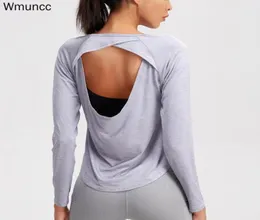 WMUNCC seksowna joga top siłownia kobiety długie rękaw otwarte back koszule szybkie suche sportowe topy Ćwiczenie Aktywne odzież tshirts fitness Wear19048506