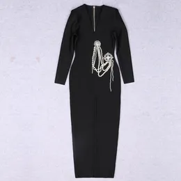 1027 2023 Runway Dress Autumn Dress V Neck Black Long Sleeve Märke samma stil Empire Womens Dress Fashion High Quality Sili