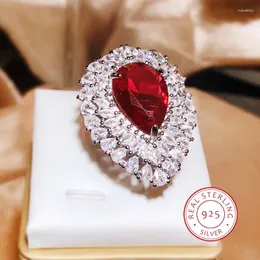 Cluster Rings 925 Silver Elegant Pigeon Blood Temperament Red Diamond Water Drop Full Zircon Ring Female Party Wedding Birthday Gift