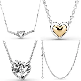 Pendants 925 Sterling Silver Sparkling Heart Wishbone Family Tree Collier Rolo Chain Necklace For Bead Charm DIY Jewelry