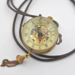 ساعات الجيب انظر من خلال نغمة البرونز كريستال الكرة تصميم اليد اليدوية ميكانيكية ساعة جلدية سلسلة لطيفة هدية بالجملة السعر H033