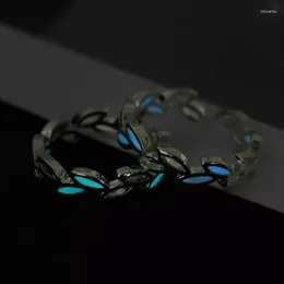 Cluster Rings Blue Green Luminous Light Leaves Ring Glow In Dark Fluorescent Heart Women Men Couple Adjustable Finger Jewelry