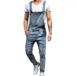Jeans masculinos puimentiua 2023 moda homens rasgados macacões rua angustiado buraco denim bib macacão para homem suspender calças tamanho