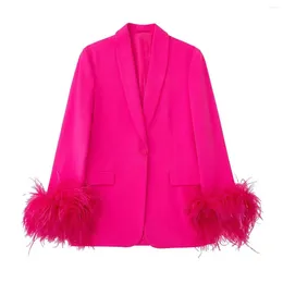 Женские костюмы с перьями, женские пиджаки 2023, элегантные повседневные облегающие однобортные однобортные офисные женские куртки с длинными рукавами