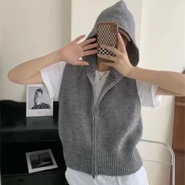 Gilets pour femmes Femmes Gilet Pull À Capuche Sans Manches Femelle Solide Y2K Pulls Fermetures À Glissière Tricots Streetwear Coréen Mode Tops Vêtements D'extérieur