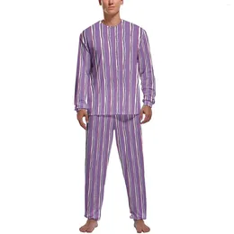 Erkekler Placowear Striped Baskı Pijamaları Bahar 2 Parçası Mor ve Beyaz Moda Pijama Setleri Erkekler Uzun kollu estetik grafik