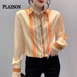 Kvinnor Bluses Plazson Spring Autumn Loose Top Shirts For Women Long Sleeve Elegant Tops BlusaS Mujer Stripe Print Ladies Satin