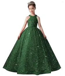 Girl Dresses Sequins Flower For Wedding Halter Neck Sleeveless Princess Pageant Dress Floor Length Toddler Girls Party Ball Gown