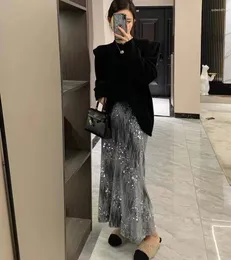 Skirts Chic Velvet Fishtail Skirt Women Clothing High Waist A-line Saia 2023 Faldas Mujer De Moda Heavy Sequin Temperament Jupe