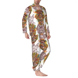 Herren-Trainingsanzüge, afrikanische Stammesmaske, langärmeliges Pyjama-Set mit Baumwollflanell-Herrenhosen und langen Ärmeln