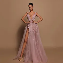 Formal Pink A-Line Prom Dresses Deep V-Neck Appliques Split Night Dress Saudi Arabia Gowns Robe De Mariee 328 328