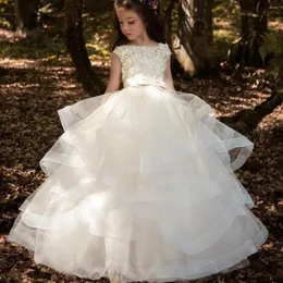 Abiti da ragazza Abito a fiori Champagne soffice tulle a strati senza maniche Cintura con fiocco Matrimonio Elegante Festa di eucaristia di compleanno per bambini