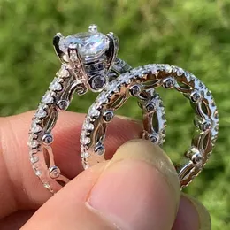 Vintage fina smycken par ringar 925 sterling silver rund klippt vita topas cz diamant ädelstenar lovar kvinnor bröllop brud ring2518