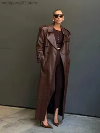 Women's Leather Faux Leather RR2790 X-Long Fake Leather Trench Coats Women Slim Belt Waist Back High Cut Up Long Sleeve Chocolate Faux Leather Jackets Women T231030