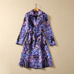 2023 Autumn Purple Floral Print Belted Trench Coat Long Sleeve notched-Lapel Panel med dubbelbröst långa utkläder S3S200921