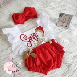 Macacão nascido bebê meninas natal bonito macacão voando manga carta impressão retalhos playsuit com bandana infantil roupas 231030