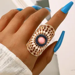 Anéis de cluster colorido frisado grande conjunto de anel conjunto para mulheres homens oco para fora geoemtry cor de ouro liga metal jóias boêmias