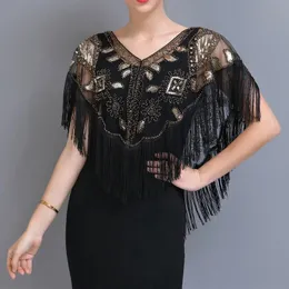 Shawls Tassel Patchwork V-Neck Cardigans Women Vintage Shawl Party Dinner Top Scarf Shawls Mesh Beaded Cloak Sequins Capelet Fringes 231027