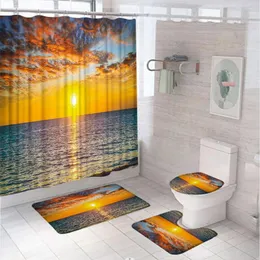 Duschgardiner Ocean Curtain Set Sunset Sea Scenic Colorful Cloud Fabric Badrum Non-Slip Bath Mat Pedestal Mattor Toalettskydd