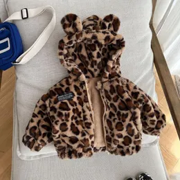 Jackets AYNIGIELL Autumn Winter Girl Casual Long-sleeved Jacket Korean Leopard Print Fashion Plush Girls Hooded Warm Coat