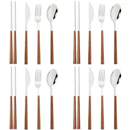 Dinnerware Sets 12-16pcs Imitation Wooden Handle Cutlery Set Mirror Chopsticks Knife Fork Spoon Tableware Korean Flatware