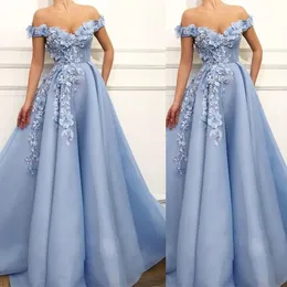Luz azul fora do ombro vestido de baile 3d flor rendas apliques vestidos de baile para menina elegante formal mulher vestido