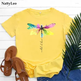 T-shirt da donna Moda Libellula Stampa lettera Maglietta in cotone Abbigliamento donna Camicia oversize O Collo T-shirt manica corta per