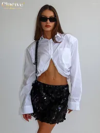 Kvinnors blusar Claceive Sexig Slim White Cotton Blus 2023 Fashion Lapel Long Sleeve Shirts Streetwear Pocket Crop Tops Female Clothing