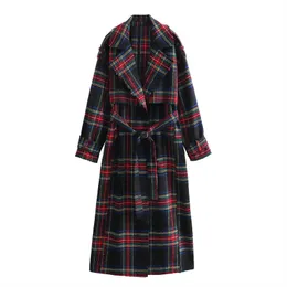 Fashion Plaid Long Trench Płaszcz dla kobiet 2023 Autumn Winter Chic