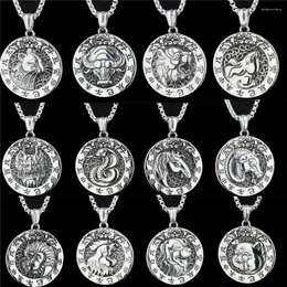 Pendant Necklaces Fashionable Retro Ethnic Style Twelve Zodiac Sign Round Stainless Steel Necklace Men's And Women's Sweater Chain
