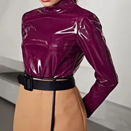 Women's T-Shirt Women Shiny PVC O-Neck Tops Long Sleeve Shirt Pullovers Faux Leather Latex Jackets Plus Size S-7XL PU Leather Clothes Streetwear 231027