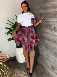 Arbetsklänningar Streetwear Plaid kjolar Set Woman 2 Pieces Outifits Summer Short Sleeve T-Shirts Nad Harajuku Asymmetrical Kirt Preppy Suits