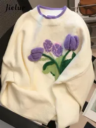 Женские свитера Jielur, модный нежный абрикосовый свитер с цветком тюльпана, женский осенне-зимний теплый свободный мягкий вязаный свитер, женский пуловер S-L 231030