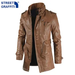 Mens Leather Faux Men Winter Long Thick Fleece Pu Jacket Streetwear Casual Business Clothing Pocket Jackets Coat Outwear 231027