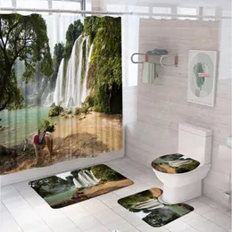 シャワーカーテン3D滝の森林防水カーテンセットシーンバス自然景観バスルームマットラグトイレの蓋カバー