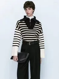 Women's Sweaters Women 2023 Autumn Fashion All-match Striped Knit Retro Long Sleeve Chic Zipper Lapel Casual Top Mujer